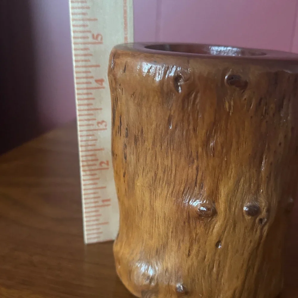 Vintage Rustic Hand Carved Wood Tree Log Vase Pencil Holder Cup Boho Cabin Decor